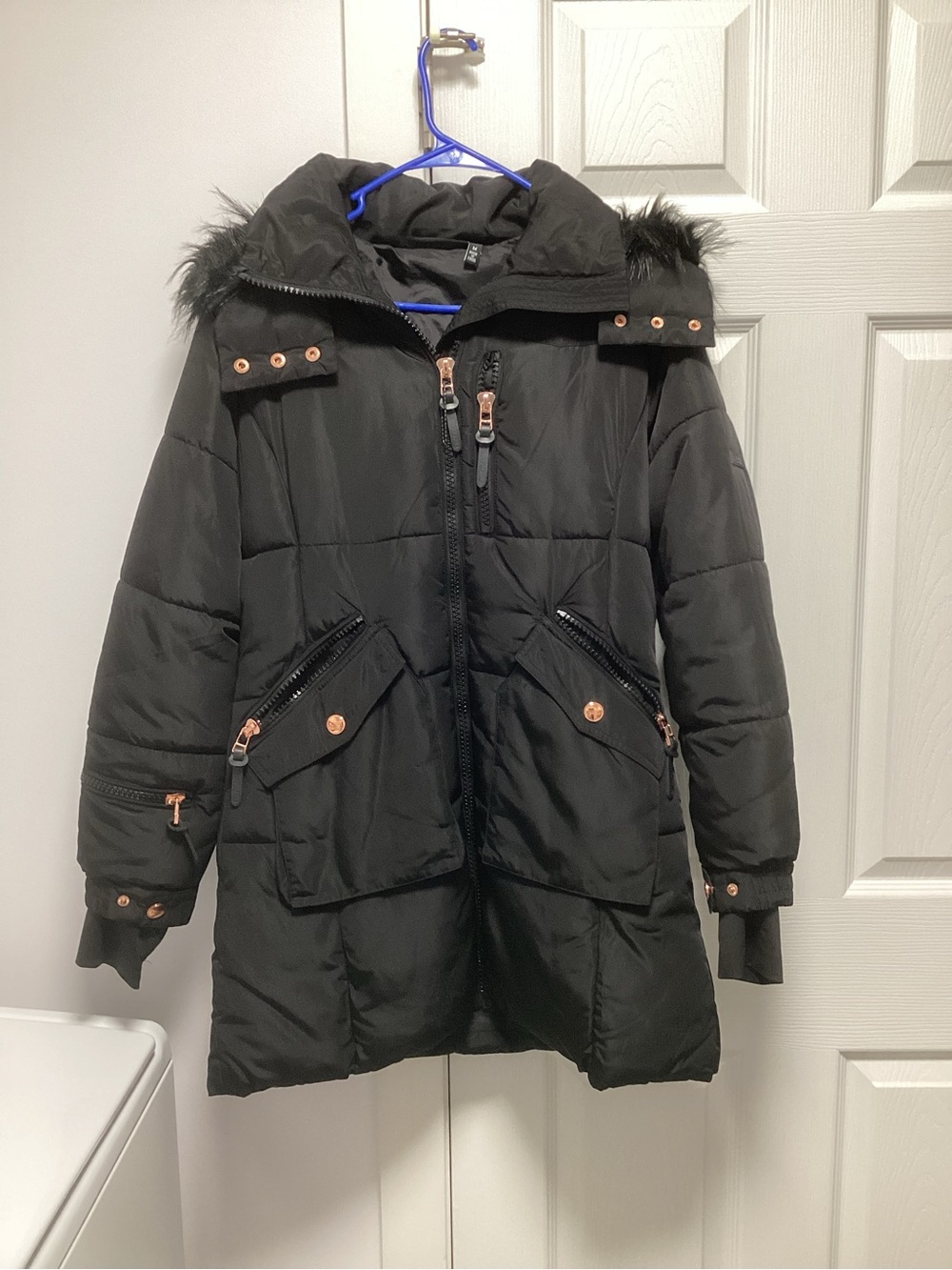 Xoxo Black Puffer Coat with Faux Fur Trim